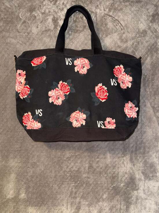 Victoria's Secret Handbags - Victoria's Secret Black Floral Canvas Tote Bag with VS Logo